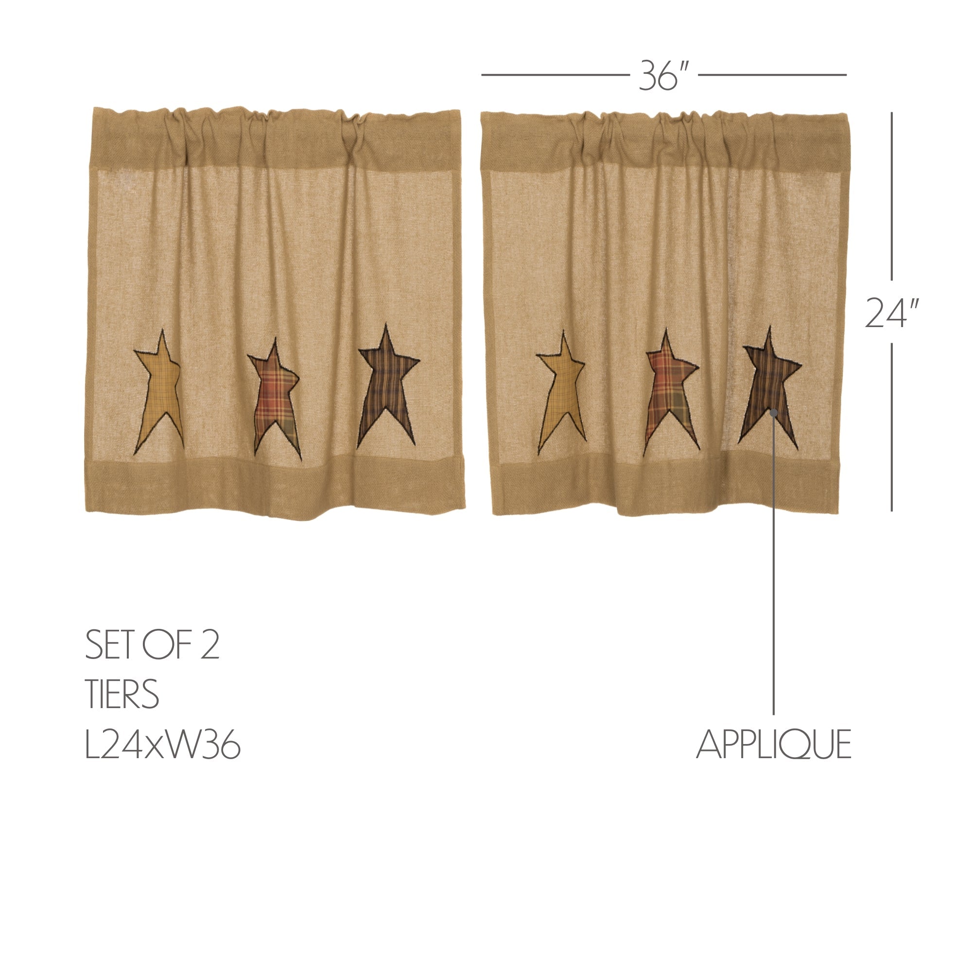 Stratton Burlap Applique Star Tier Curtain Set of 2 L24xW36