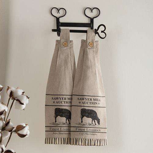 2/Set, Sawyer Mill Charcoal Cow Button Loop Kitchen Towels General CWI+ 