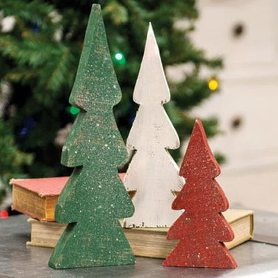 3/Set, Distressed Christmas Colors Wooden Trees