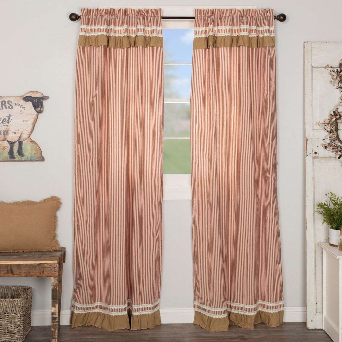 Kendra Stripe Parchment, Brick Red Panel Country Curtain Set of 2 84"x40" - The Fox Decor