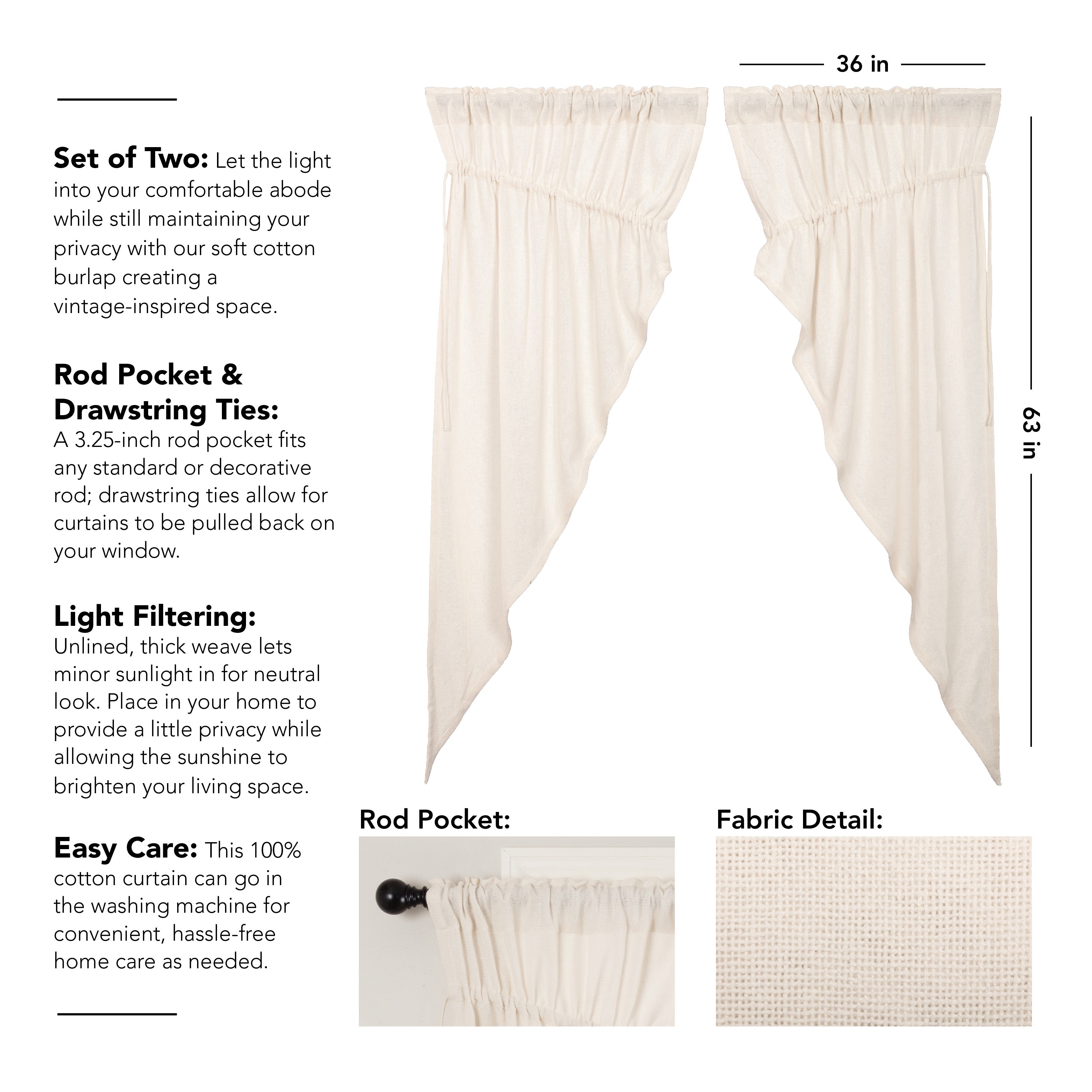 Burlap Antique White Prairie Short Panel Curtain Set of 2 63x36x18 VHC Brands