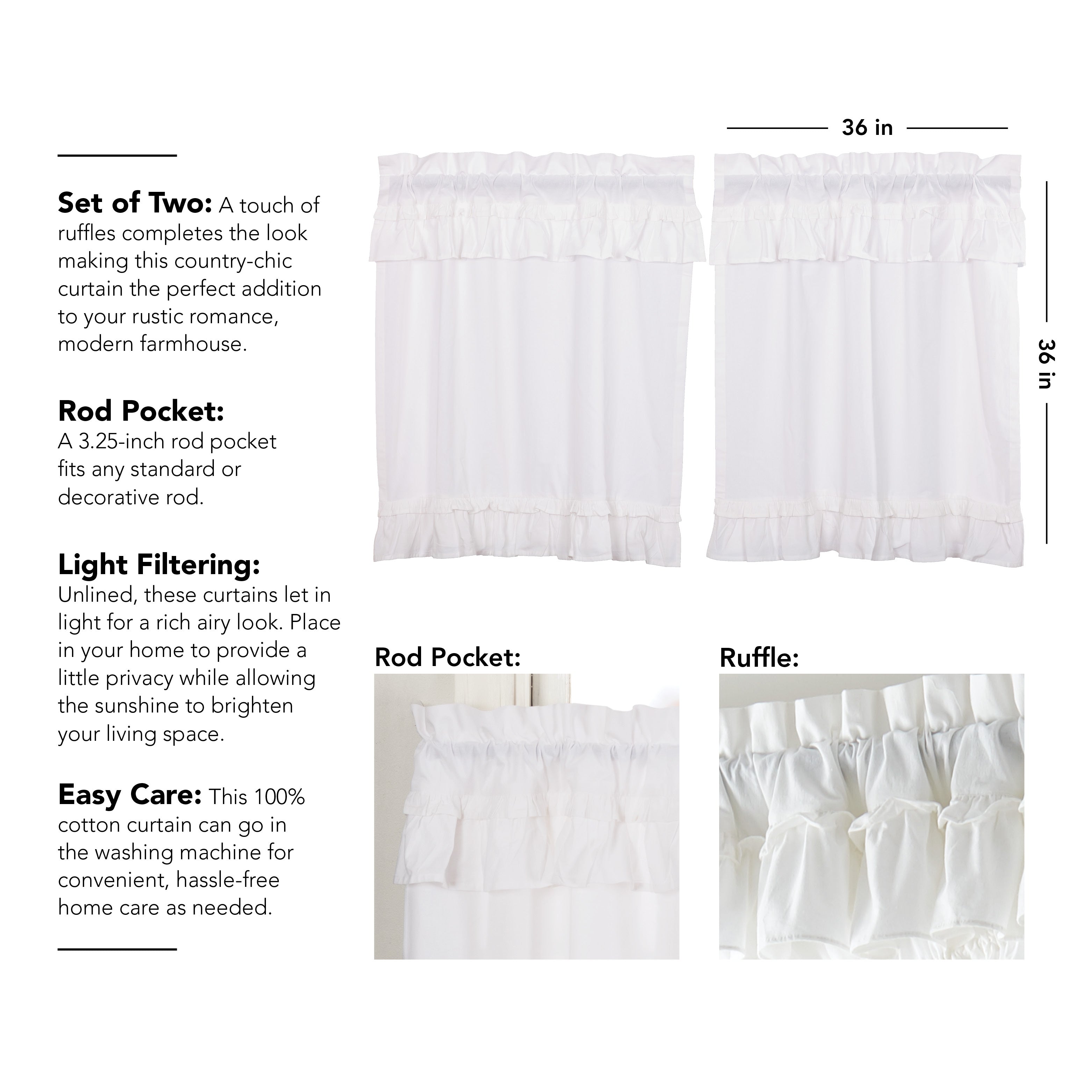 Muslin Ruffled Bleached White Tier Curtain Set of 2 L36xW36 VHC Brands