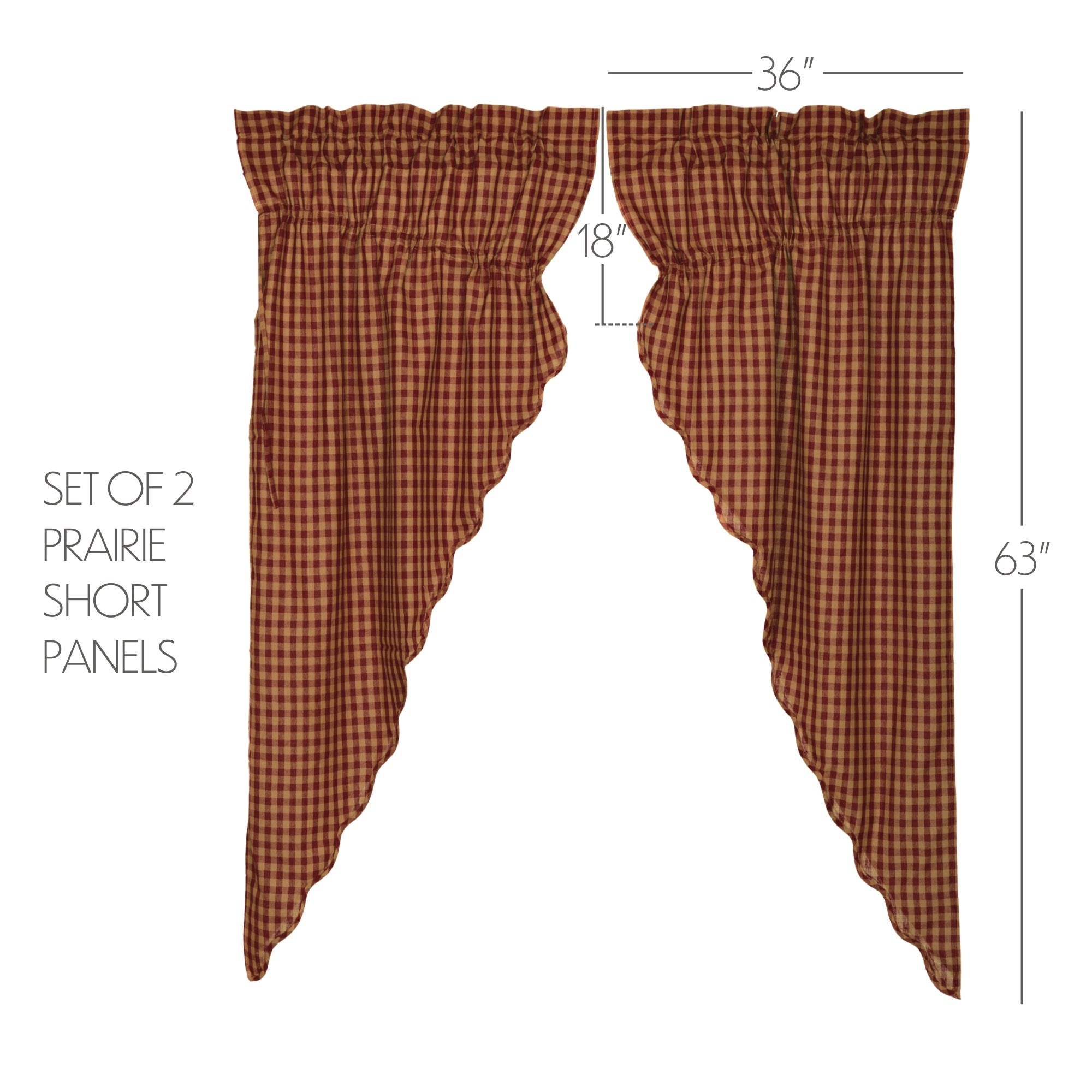 Burgundy Check Scalloped Prairie Short Panel Curtain Set of 2 63x36x18