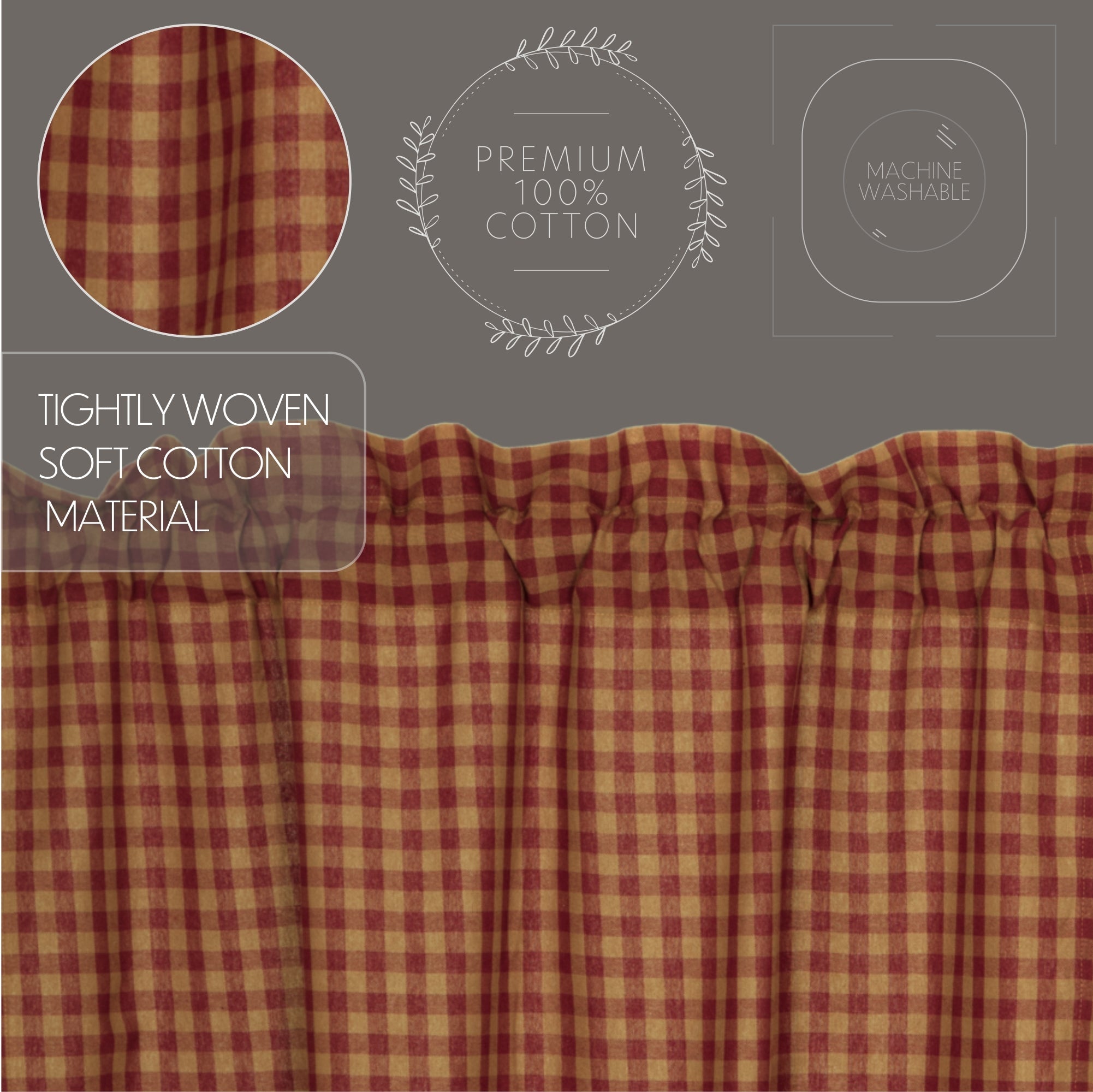 Burgundy Check Scalloped Prairie Short Panel Curtain Set of 2 63x36x18