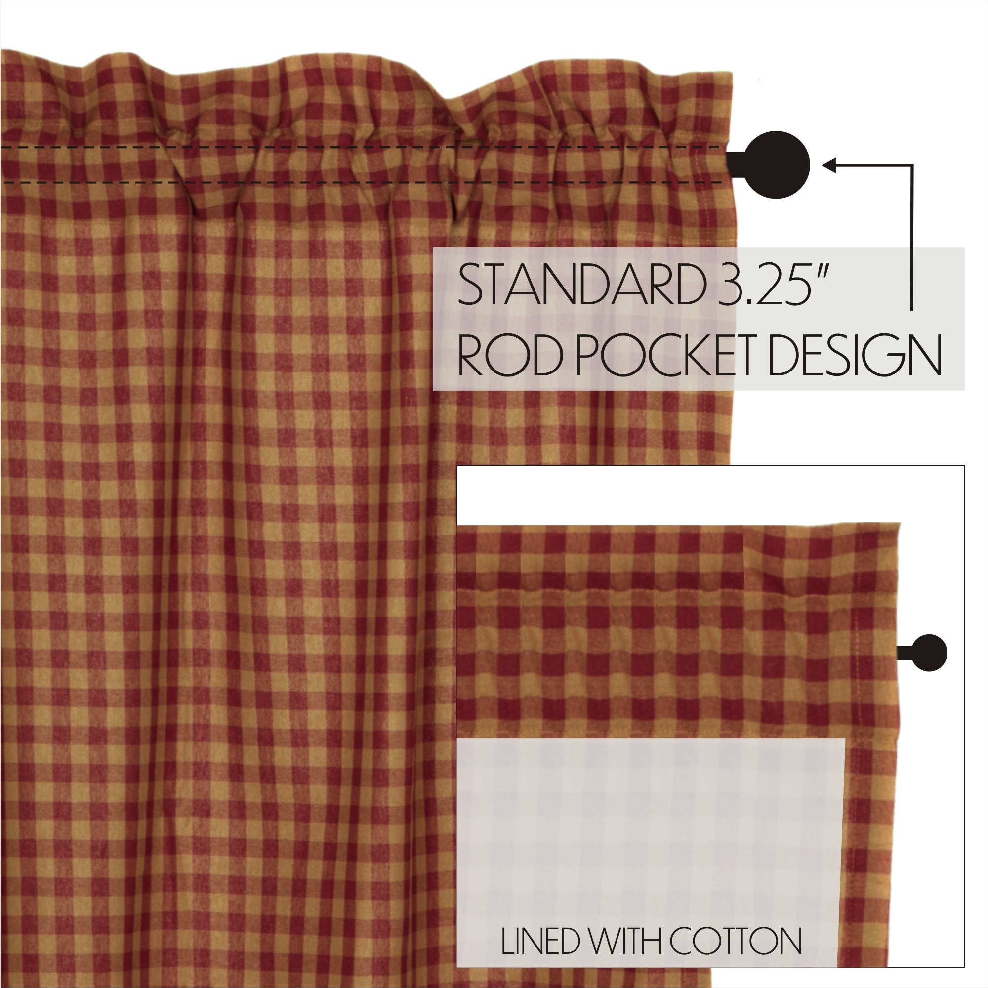 Burgundy Check Scalloped Prairie Short Panel Curtain Set of 2 63x36x18