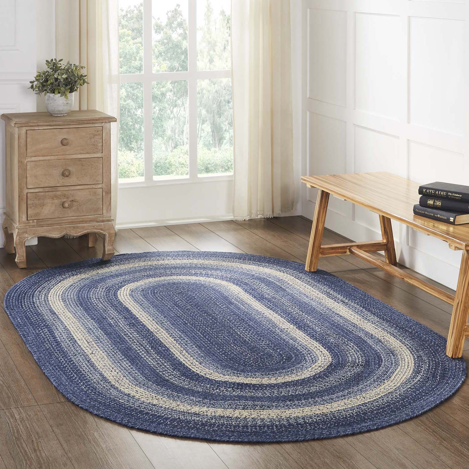 Great Falls Blue Jute Braided Rug Oval with Rug Pad 5'x8' VHC Brands