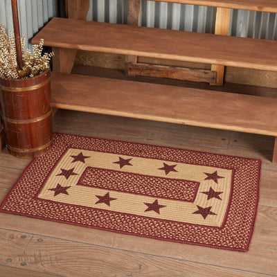 Burgundy Red Primitive Jute Braided Rug Rect Stencil Stars 24