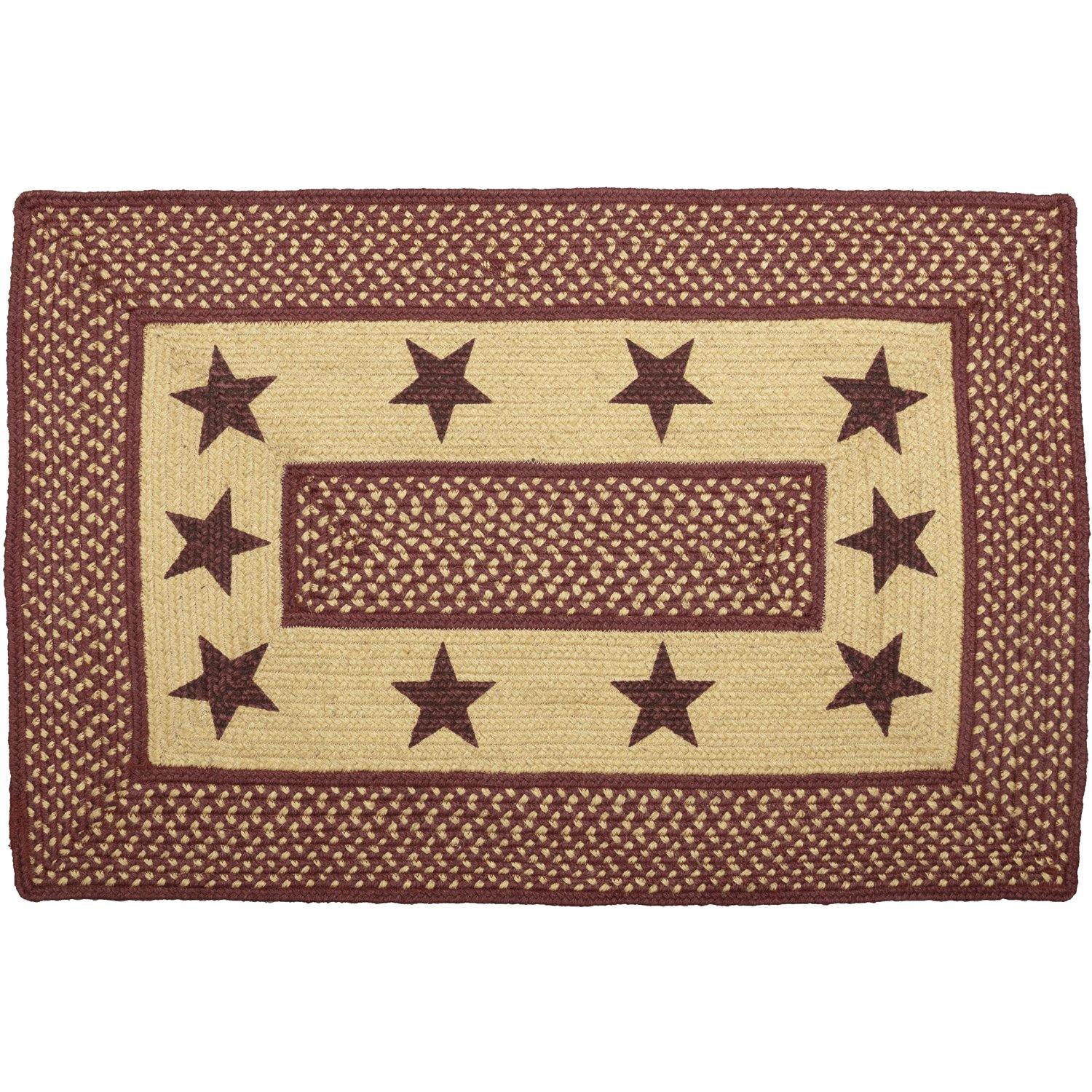 Burgundy Red Primitive Jute Braided Rug Rect Stencil Stars 24"x36" with Rug Pad VHC Brands - The Fox Decor