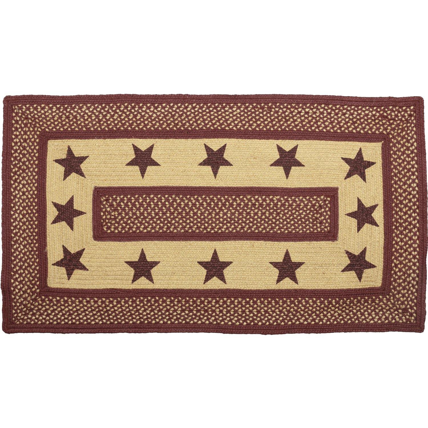 Burgundy Red Primitive Jute Braided Rug Rect Stencil Stars 27"x48" with Rug Pad VHC Brands - The Fox Decor