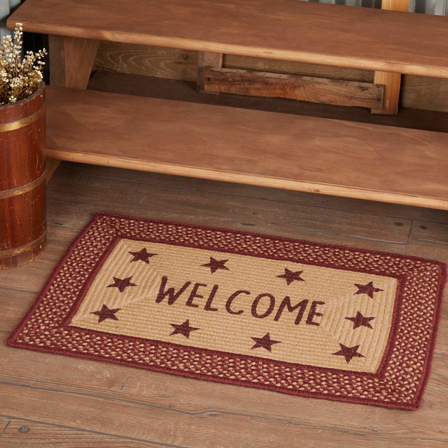 Burgundy Red Primitive Jute Braided Rug Rect Stencil Stars Welcome 20"x30" with Rug Pad VHC Brands - The Fox Decor