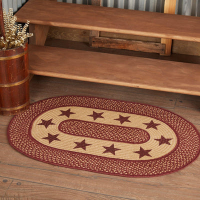 Burgundy Red Primitive Jute Braided Rug Oval Stencil Stars 24