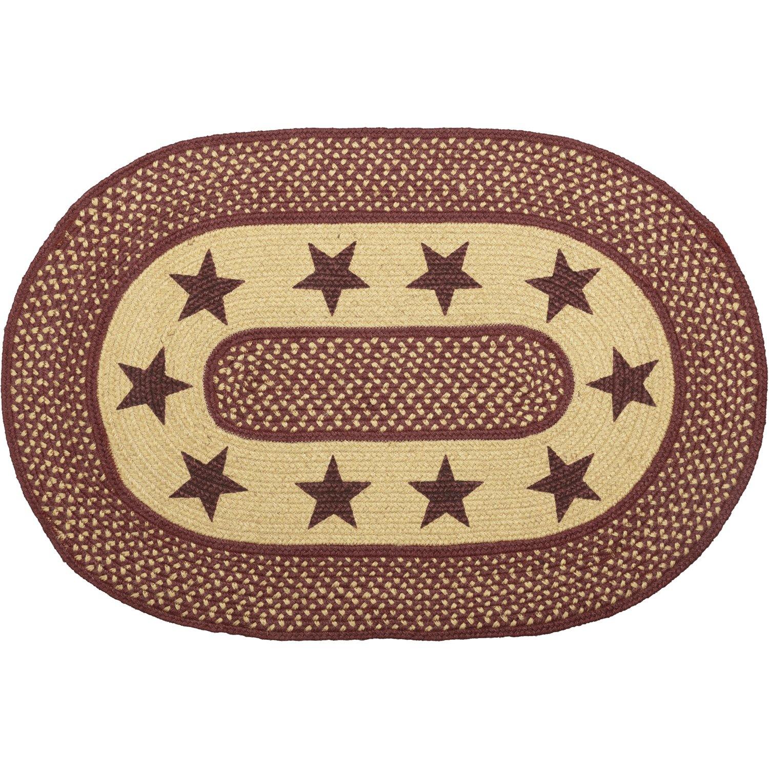 Burgundy Red Primitive Jute Braided Rug Oval Stencil Stars 24"x36" with Rug Pad VHC Brands - The Fox Decor