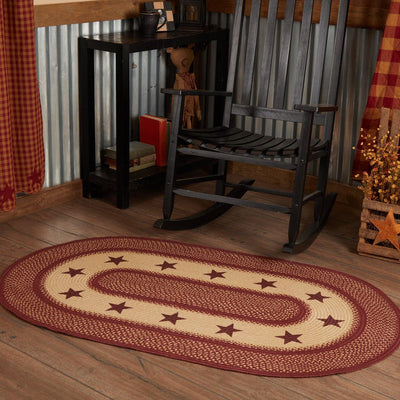 Burgundy Red Primitive Jute Braided Rug Oval Stencil Stars 3'x5' with Rug Pad VHC Brands