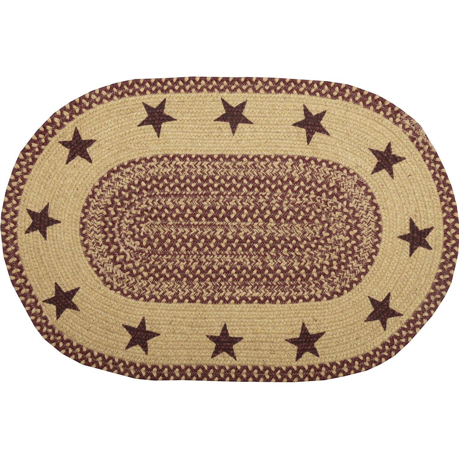 Burgundy Tan Jute Braided Rug Oval Stencil Stars 20"x30" with Rug Pad VHC Brands - The Fox Decor