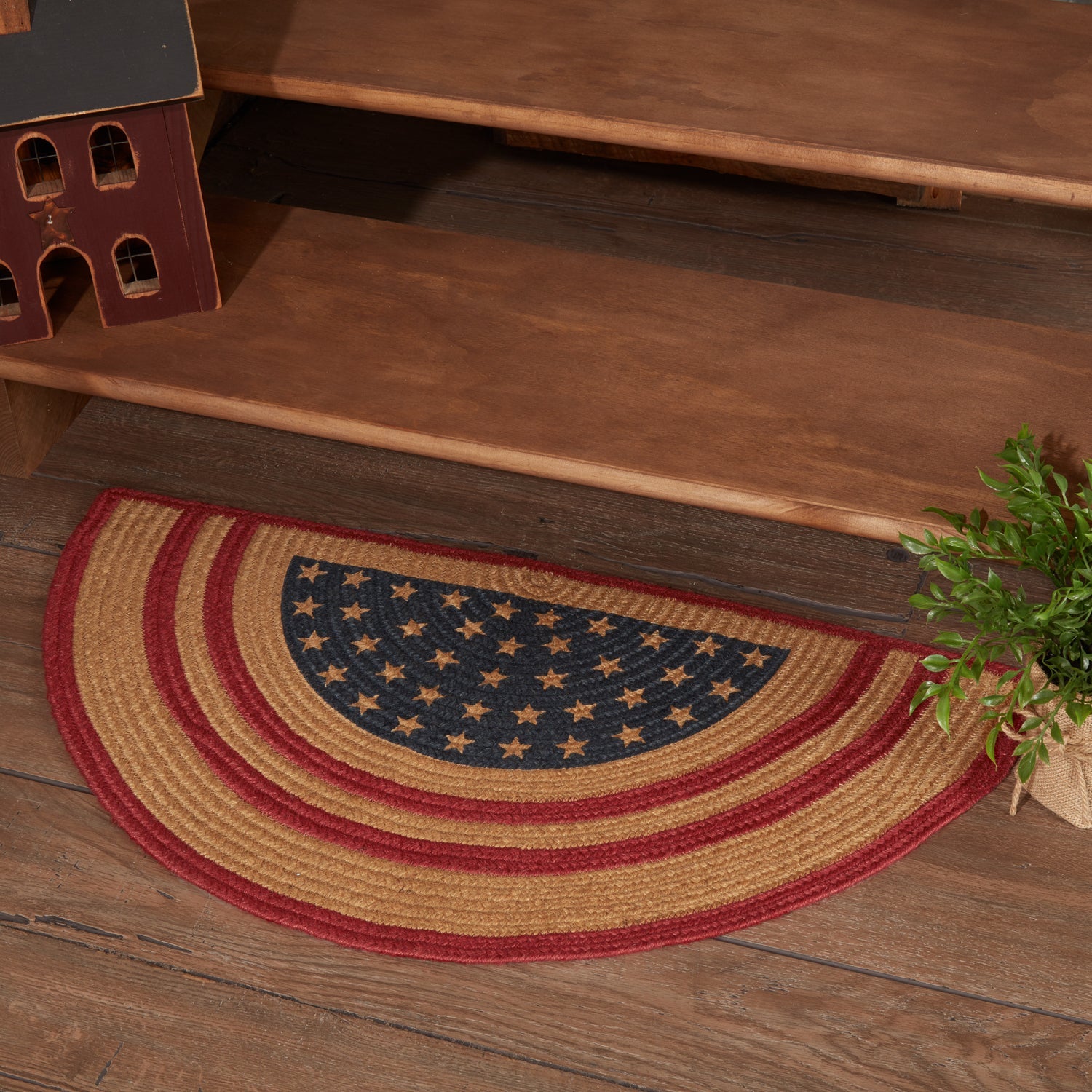 Liberty Stars Flag Jute Braided Rug Half Circle 16.5"x33" with Rug Pad VHC Brands