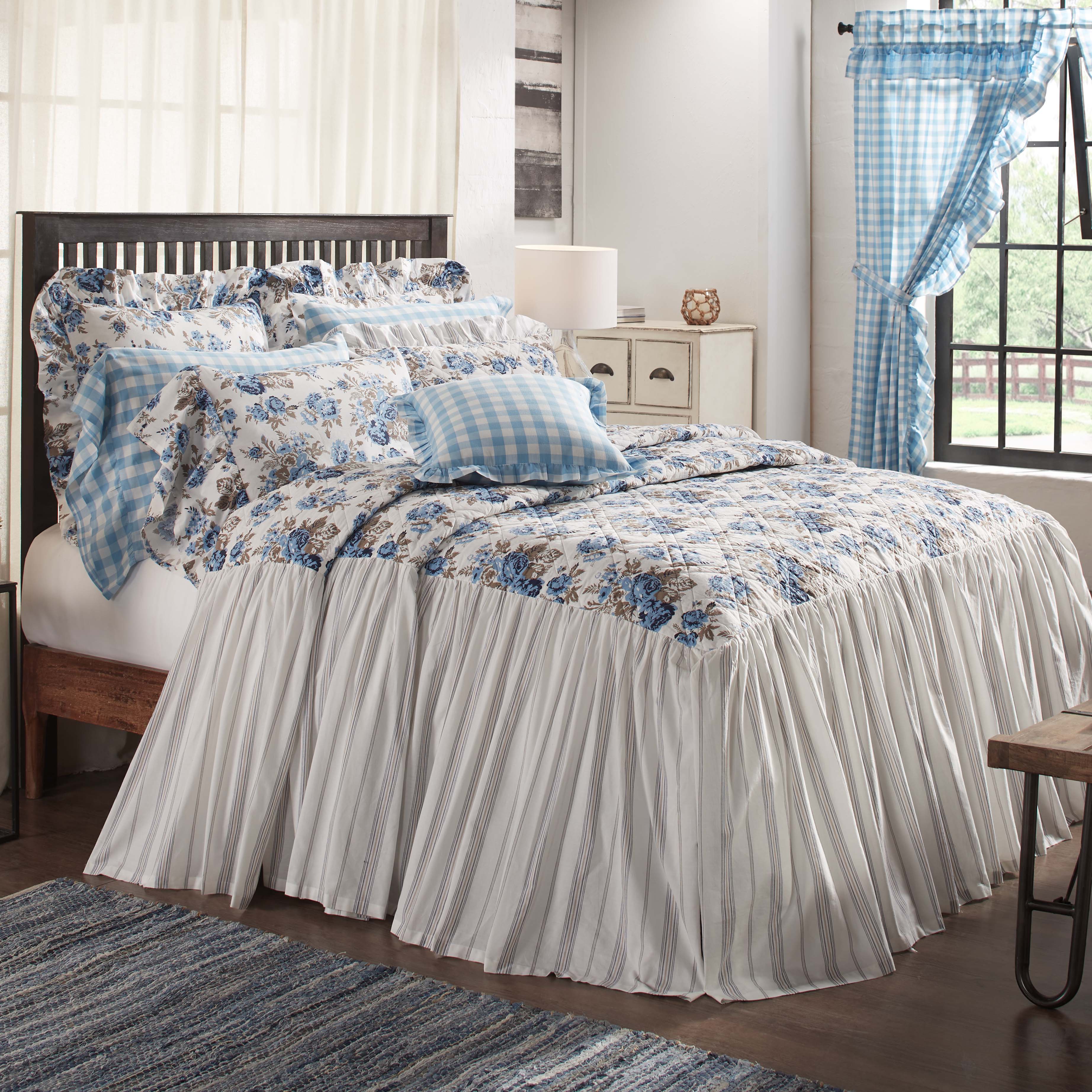 Annie Blue Floral Ruffled Queen Coverlet 80x60+27 VHC Brands