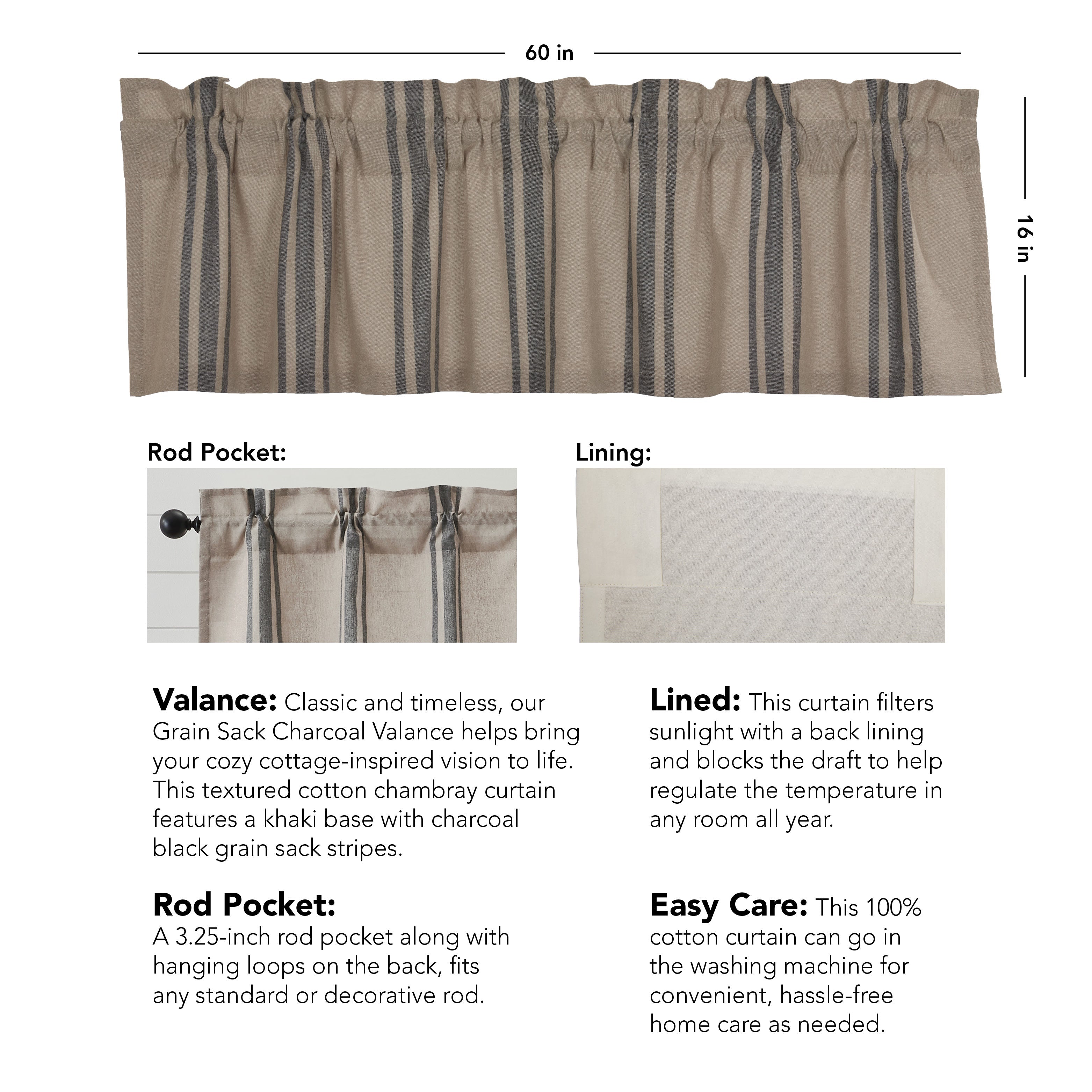 Grain Sack Charcoal Valance 16x60 VHC Brands