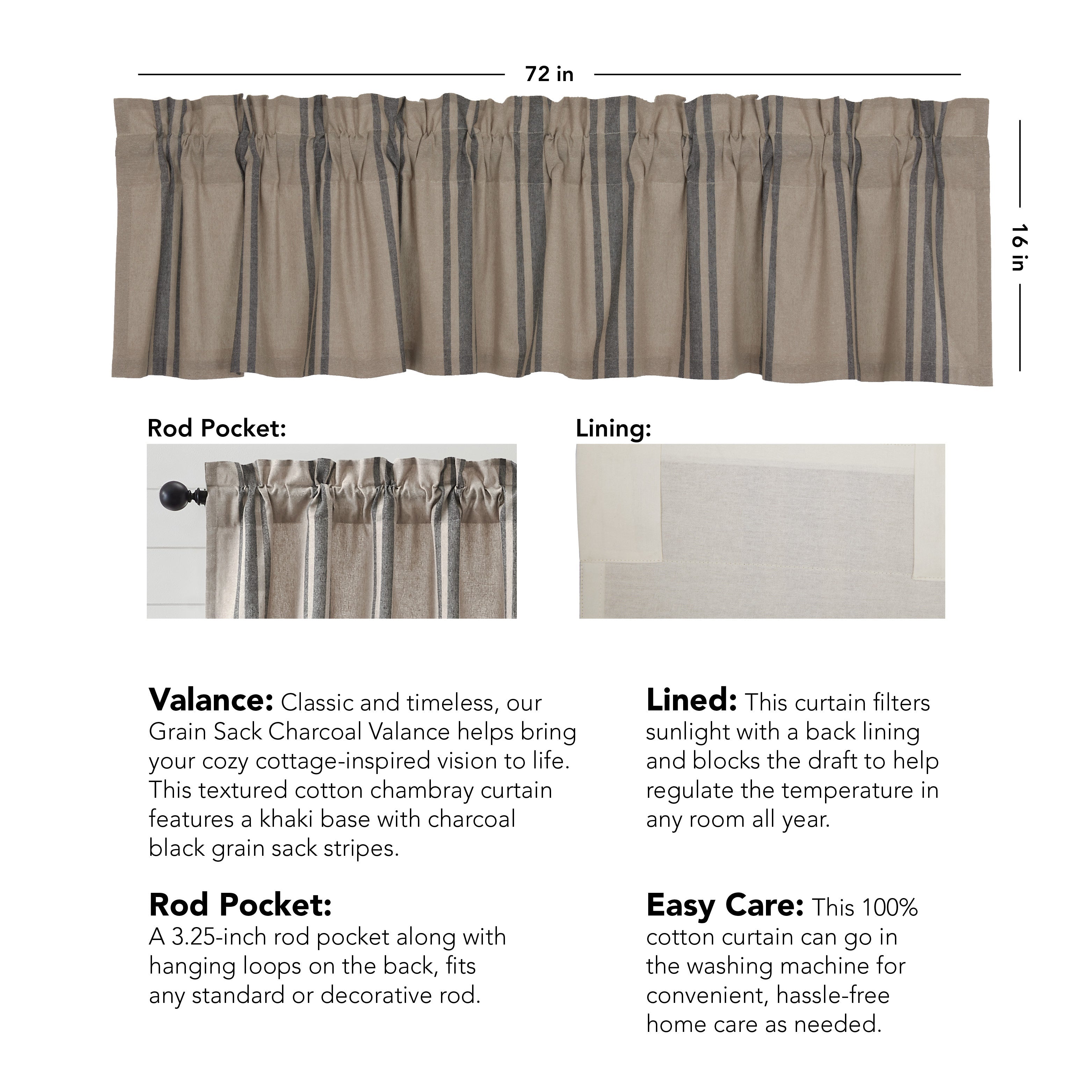 Grain Sack Charcoal Valance 16x72 VHC Brands