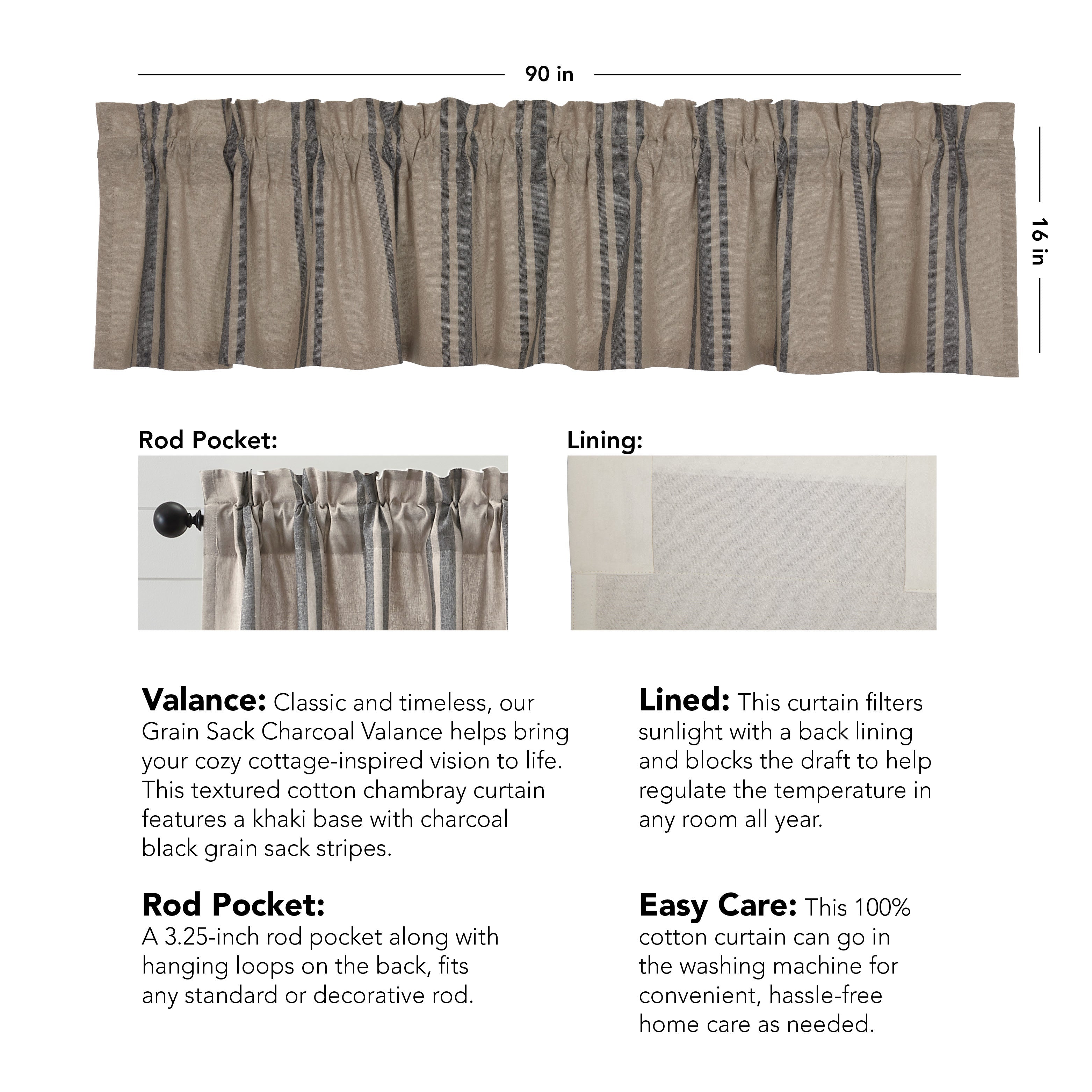 Grain Sack Charcoal Valance 16x90 VHC Brands