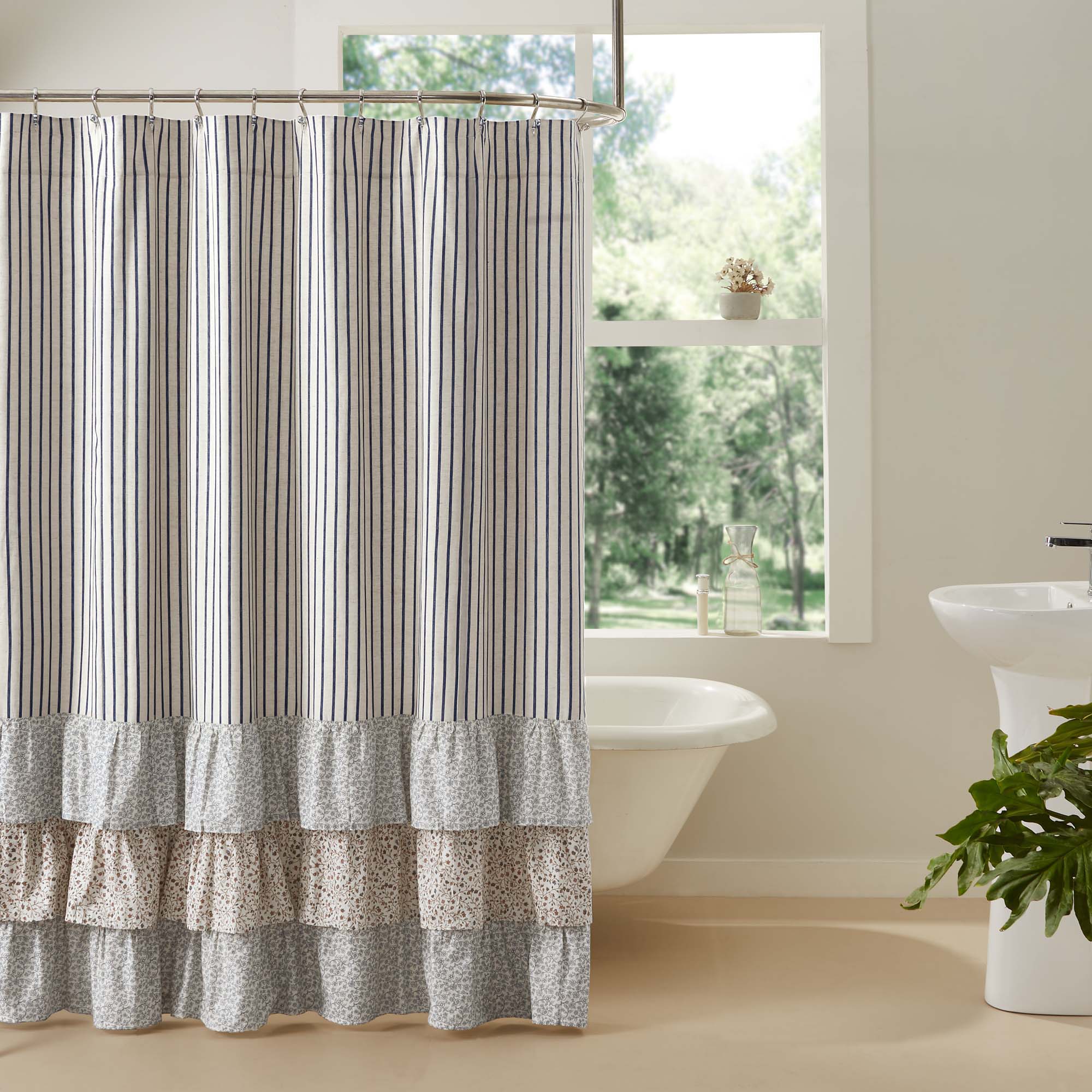 Kaila Ticking Stripe Ruffled Shower Curtain 72x72 VHC Brands