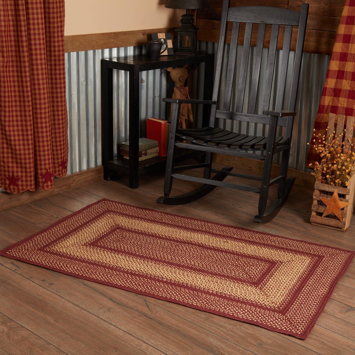 Burgundy Red Primitive Jute Braided Rug Rect 3'x5' with Rug Pad VHC Brands - The Fox Decor