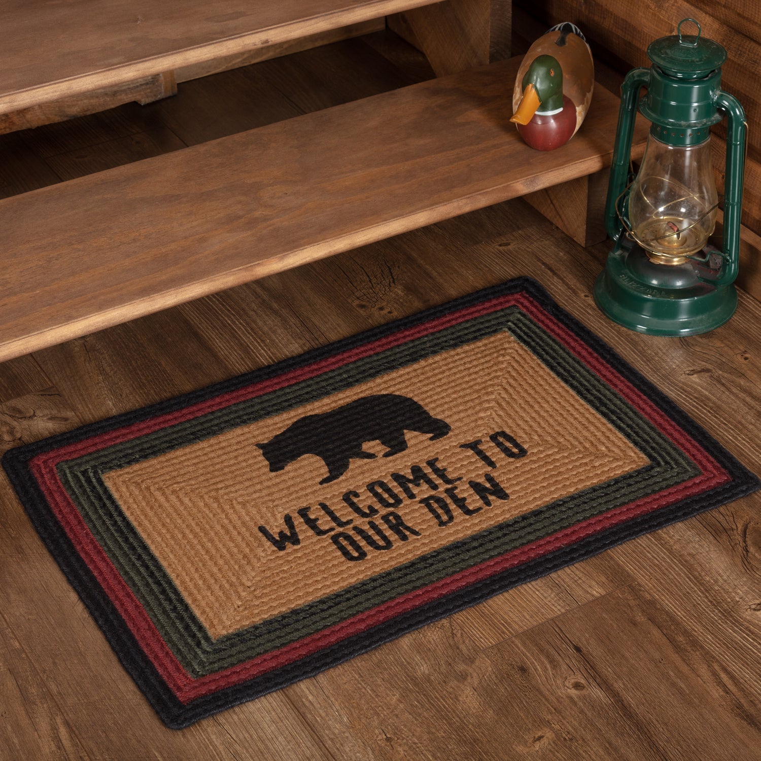 Wyatt Stenciled Bear Jute Rug Rect Welcome to Our Den with rug Pad 20x30 VHC Brands