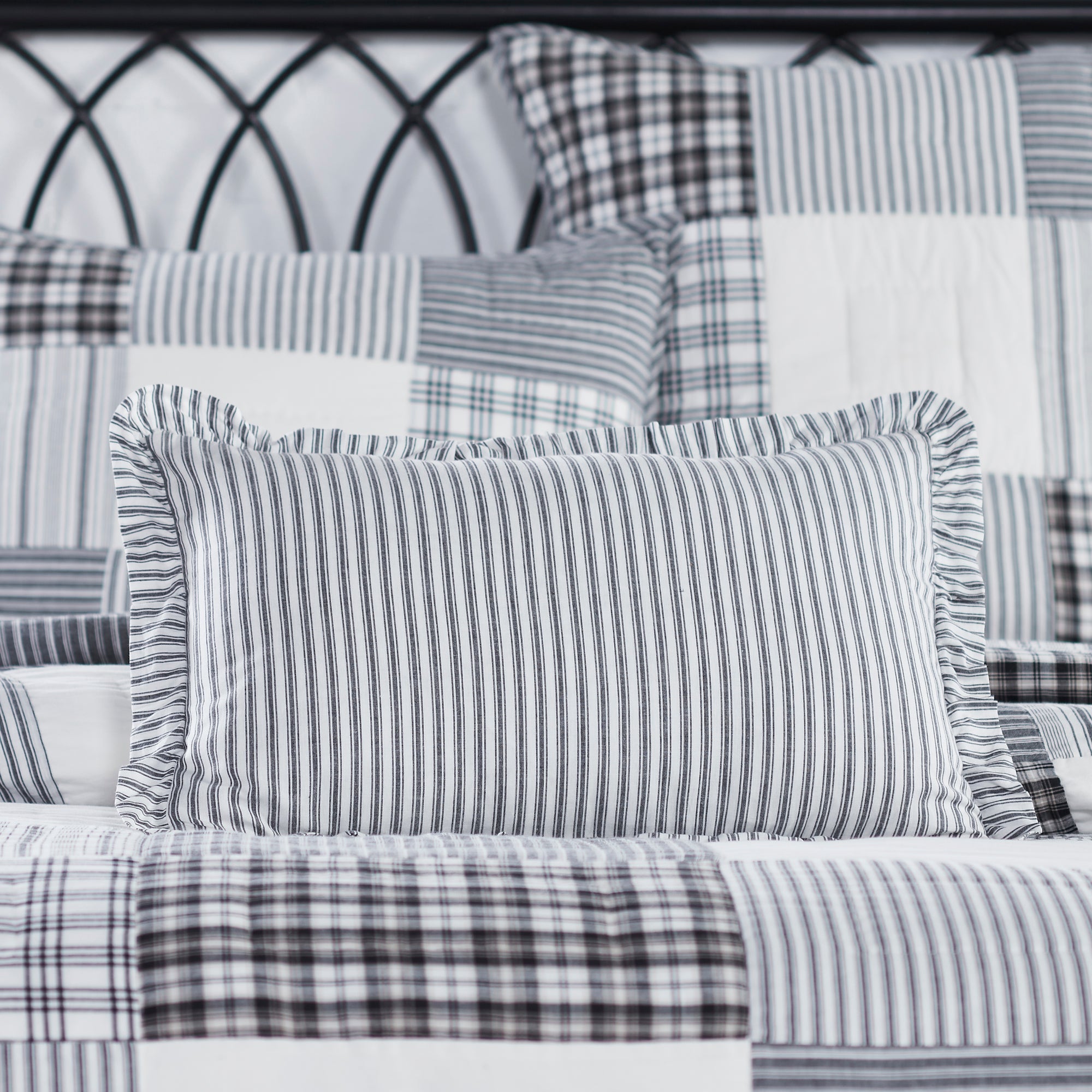 Sawyer Mill Black Ruffled Ticking Stripe Pillow Cover 14x22 VHC Brands
