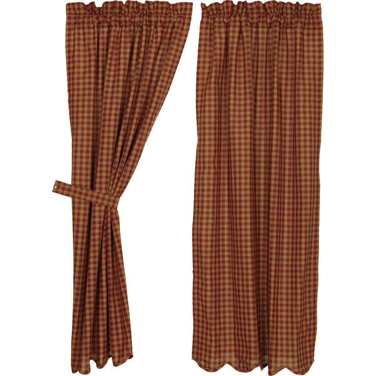 Burgundy Check Scalloped Short Panel Curtain Set of 2 63"x36" VHC Brands - The Fox Decor