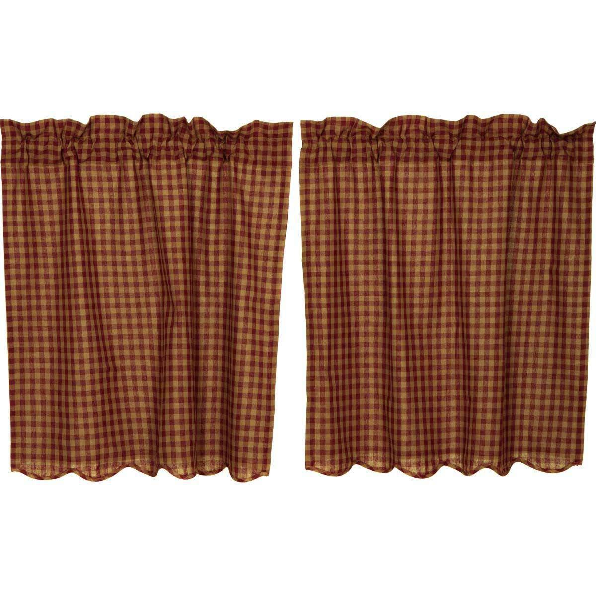 Burgundy Check Scalloped Tier Curtain Set of 2 L36xW36 - The Fox Decor