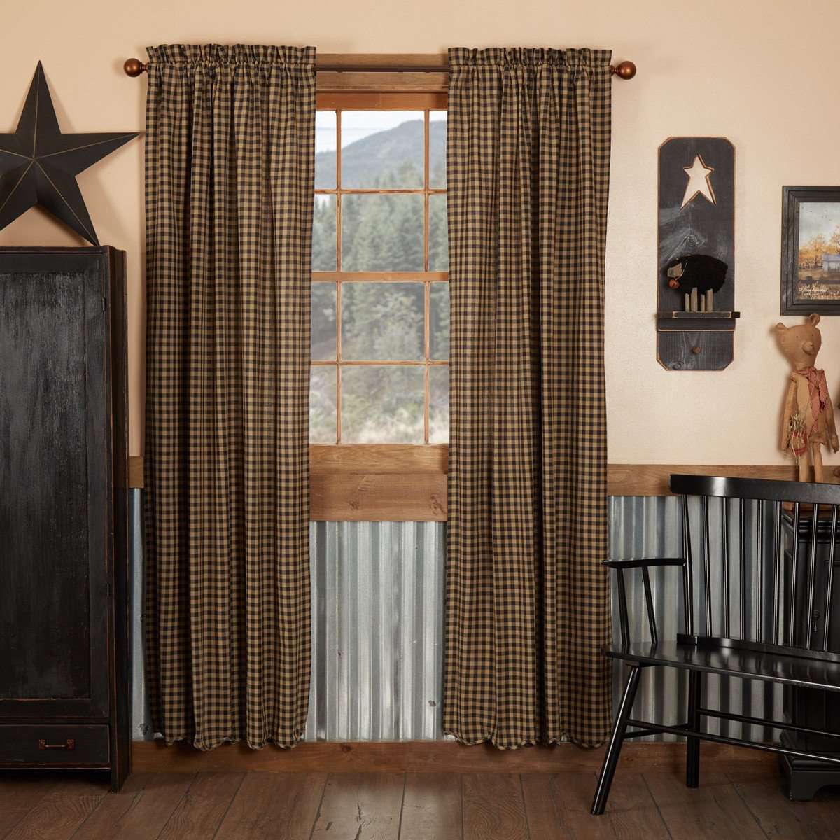 Black (Raven, Khaki) Check Scalloped Panel Curtain Set of 2 - The Fox Decor