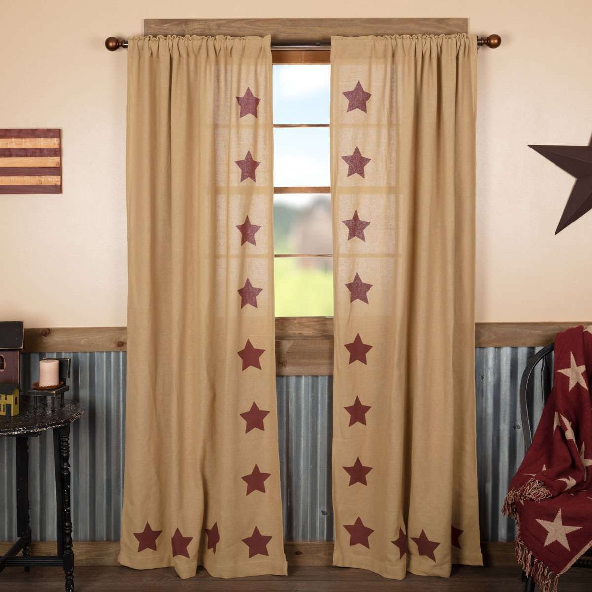 Burlap w/Burgundy Stencil Stars Panel Curtain Set of 2 84"x40" - The Fox Decor