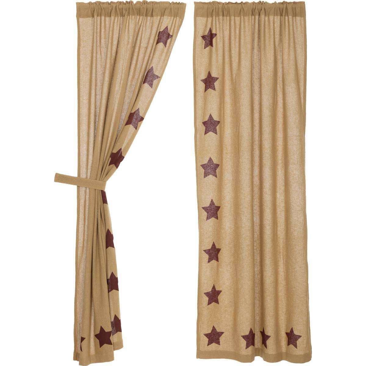 Burlap w/Burgundy Stencil Stars Panel Curtain Set of 2 84"x40" - The Fox Decor