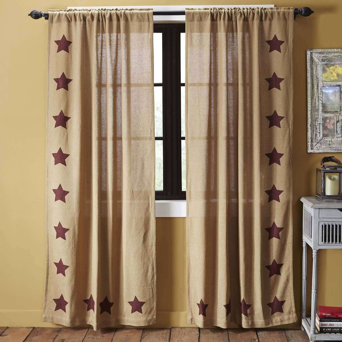 Burlap w/Burgundy Stencil Stars Panel Curtain Set of 2 84"x40" - The Fox Decor