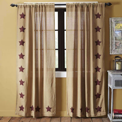 Burlap w/Burgundy Stencil Stars Panel Curtain Set of 2 84