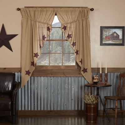 Burlap w/Burgundy Stencil Stars Prairie Short Panel Curtain Set 63x36x18