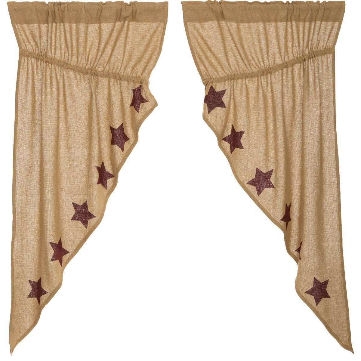 Burlap w/Burgundy Stencil Stars Prairie Short Panel Curtain Set 63x36x18 - The Fox Decor