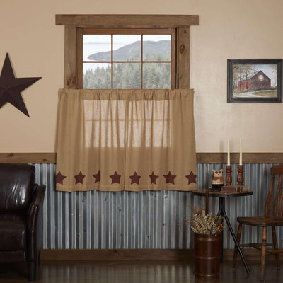 Burlap w/Burgundy Stencil Stars Tier Curtain Set of 2 L36xW36