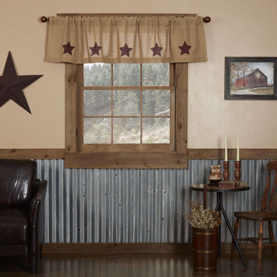 Burlap w/Burgundy Stencil Stars Valance Curtain 16x72