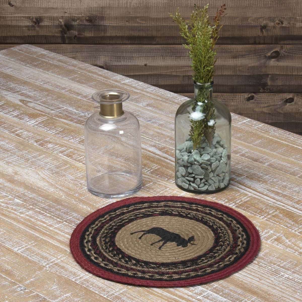 Cumberland Stenciled Moose Jute Braided Placemat Round Set of 6 VHC Brands - The Fox Decor