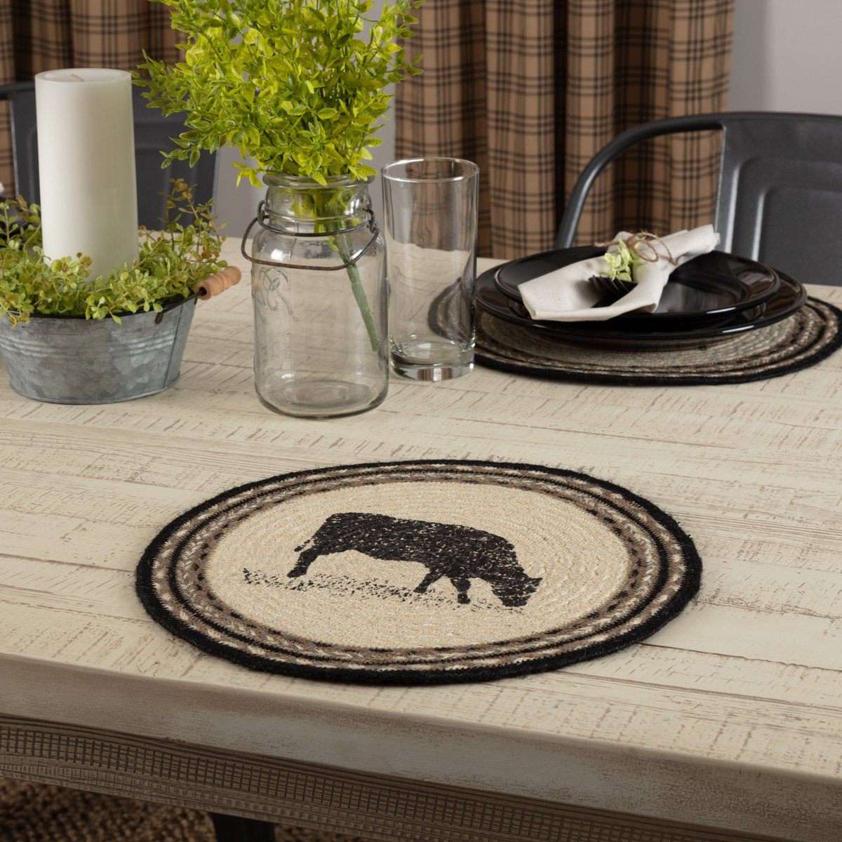 Sawyer Mill Charcoal Cow Jute Braided Placemat Round Set of 6 - The Fox Decor