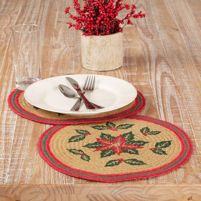 Poinsettia Jute Braided Placemat Round Set of 6 VHC Brands