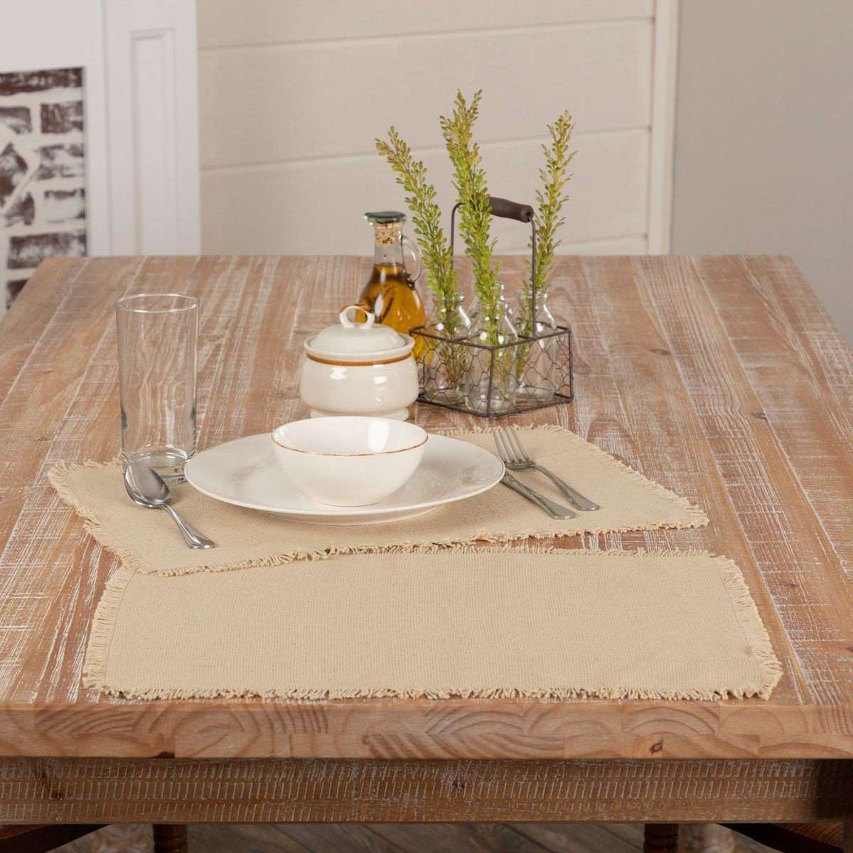 Burlap Natural/Vintage White Placemats Set of 6 Fringed - The Fox Decor