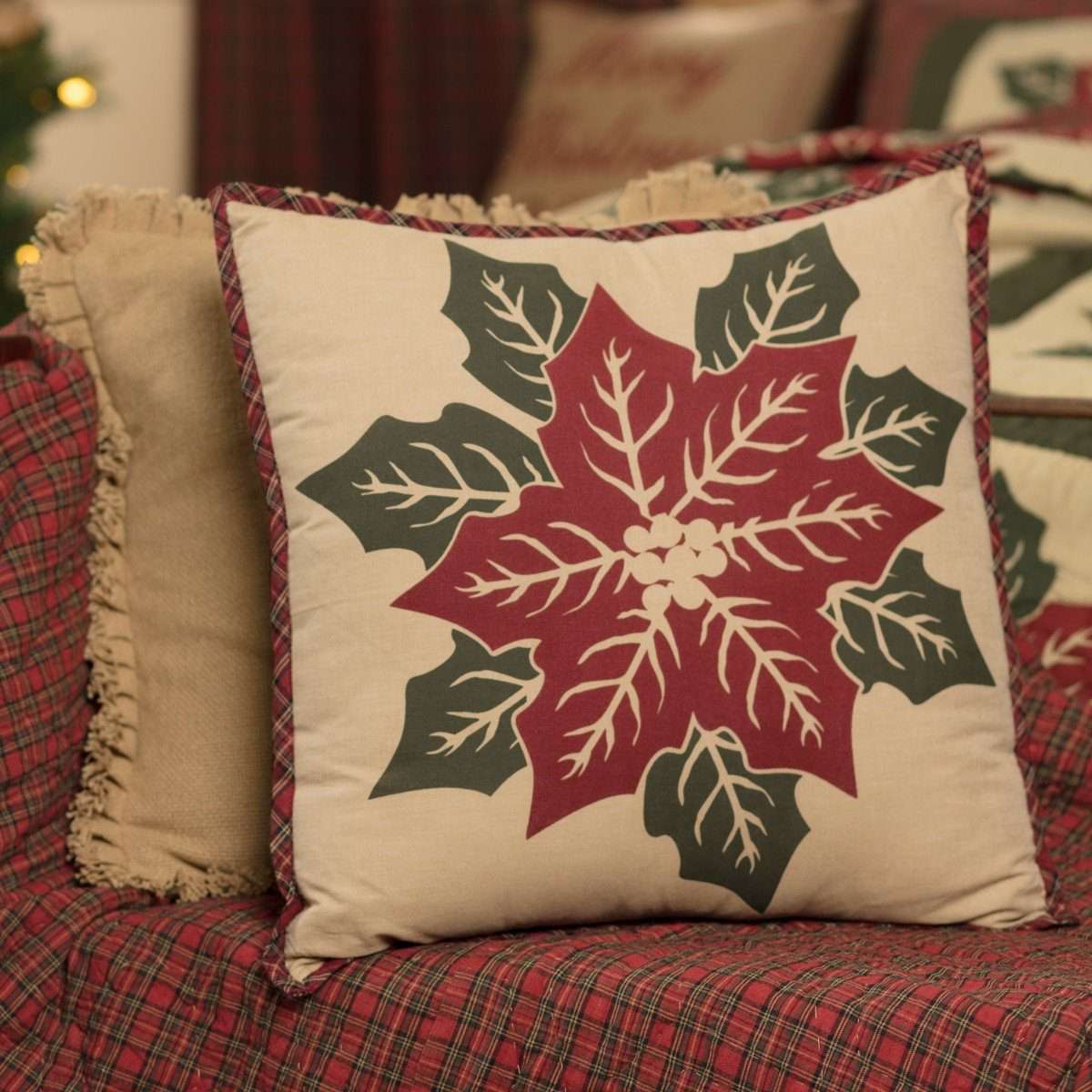 National Quilt Museum Poinsettia Block Pillow 18" Khaki, Poinsettia Red, Deep Green VHC Brands - The Fox Decor