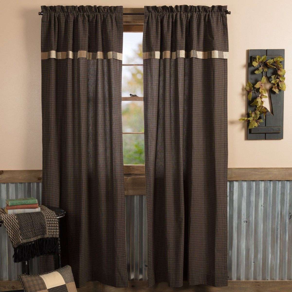Kettle Grove Panel Curtain with Attached Valance Block Border Set of 2 84"x40" - The Fox Decor