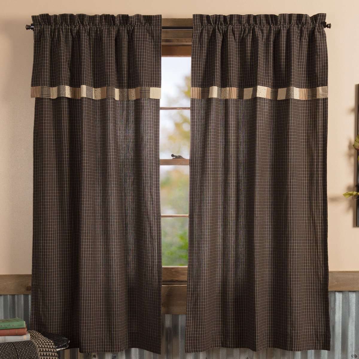 Kettle Grove Short Panel Curtain with Attached Valance Block Border Set of 2 36"x63" - The Fox Decor