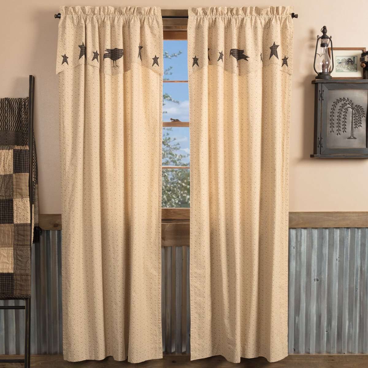 Kettle Grove Panel Curtain with Attached Applique Crow and Star Valance Set of 2 84x40 - The Fox Decor