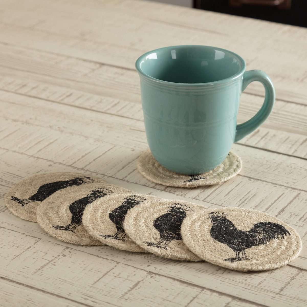 Sawyer Mill Charcoal Poultry Jute Coaster Set of 6 VHC Brands