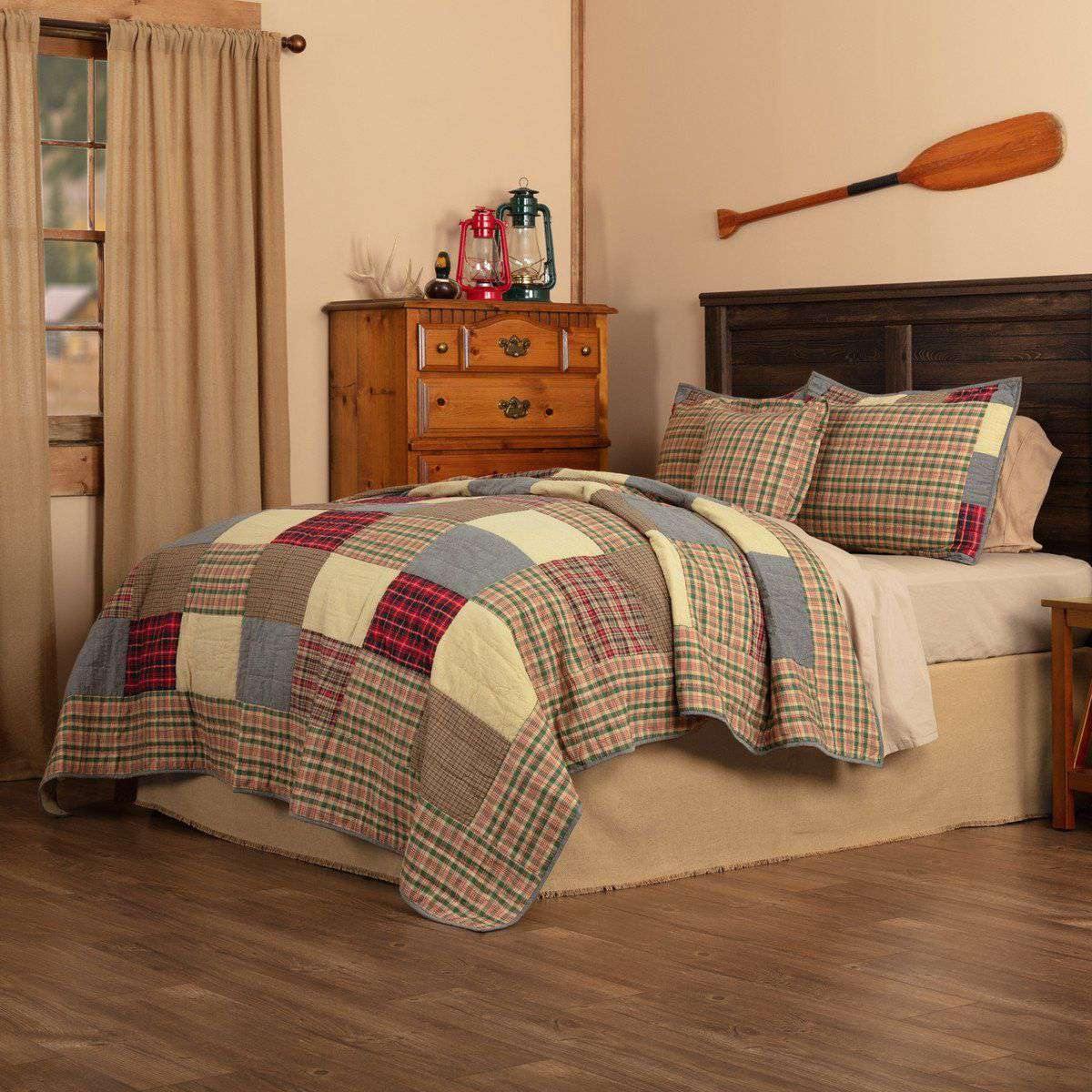 Rustic Plaid Patch King Quilt Set; 1-Quilt 105Wx95L w/2 Shams 21x37, 1-Pillow Cover 18x18 VHC Brands