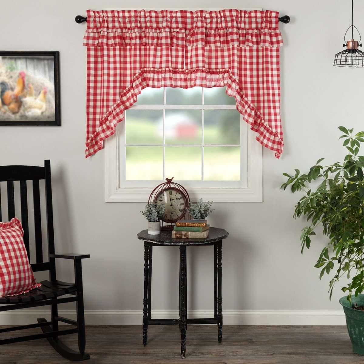 Annie Buffalo Red Check Ruffled Swag Curtain Set of 2 36x36x16 VHC Brands - The Fox Decor