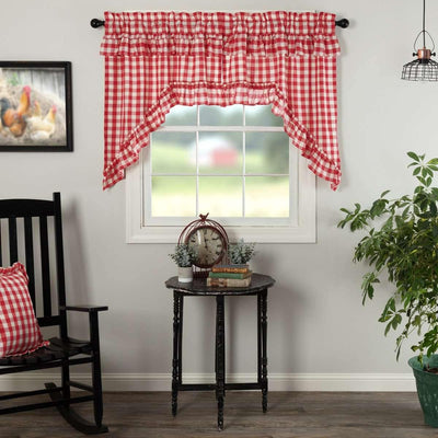Annie Buffalo Red Check Ruffled Swag Curtain Set of 2 36x36x16 VHC Brands